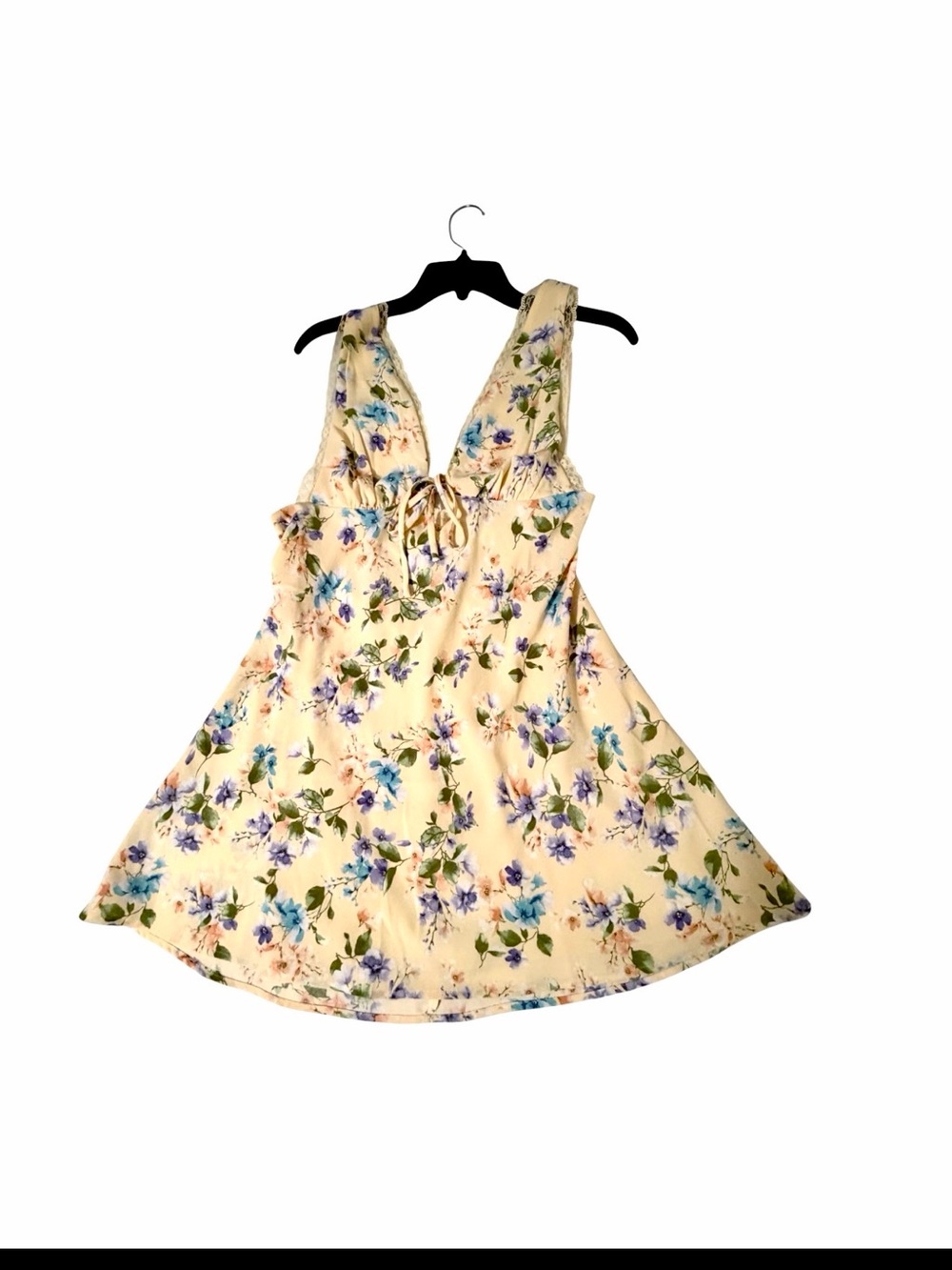 Sincerely Jules Mini Dress Sleeveless V-neck Satin Floral Bow Lace Trim Sz L NWT